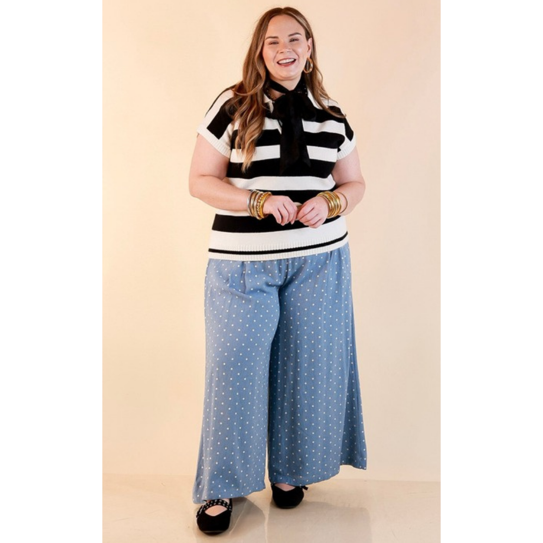 Along These Lines Striped Short Sleeve Collared Polo Sweater Top in Ivory with Black Stripes