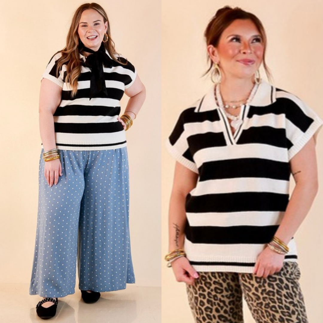 Along These Lines Striped Short Sleeve Collared Polo Sweater Top in Ivory with Black Stripes