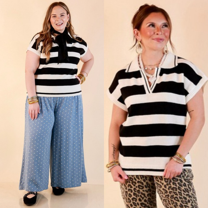 Along These Lines Striped Short Sleeve Collared Polo Sweater Top in Ivory with Black Stripes