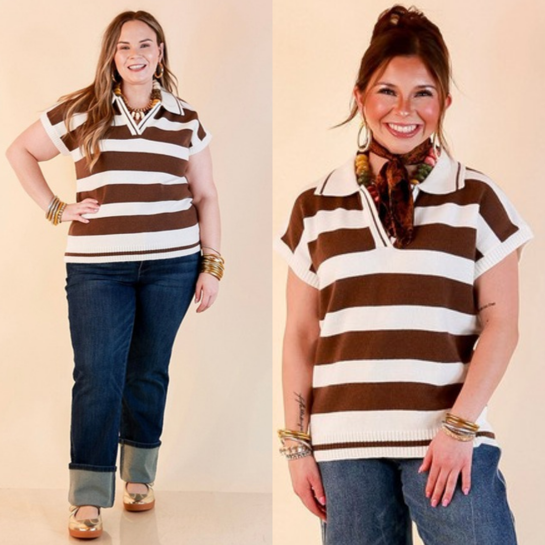 Along These Lines Striped Short Sleeve Collared Polo Sweater Top in Ivory with Chocolate Brown Stripes