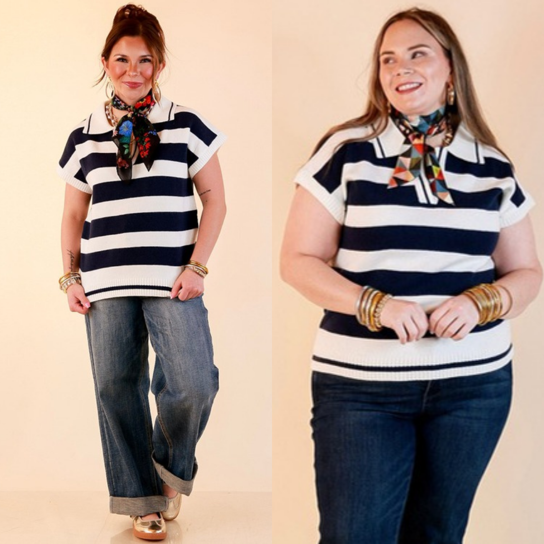 Along These Lines Striped Short Sleeve Collared Polo Sweater Top in Ivory with Navy Stripes