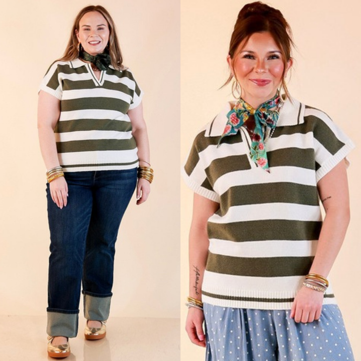 Along These Lines Striped Short Sleeve Collared Polo Sweater Top in Ivory with Olive Green Stripes