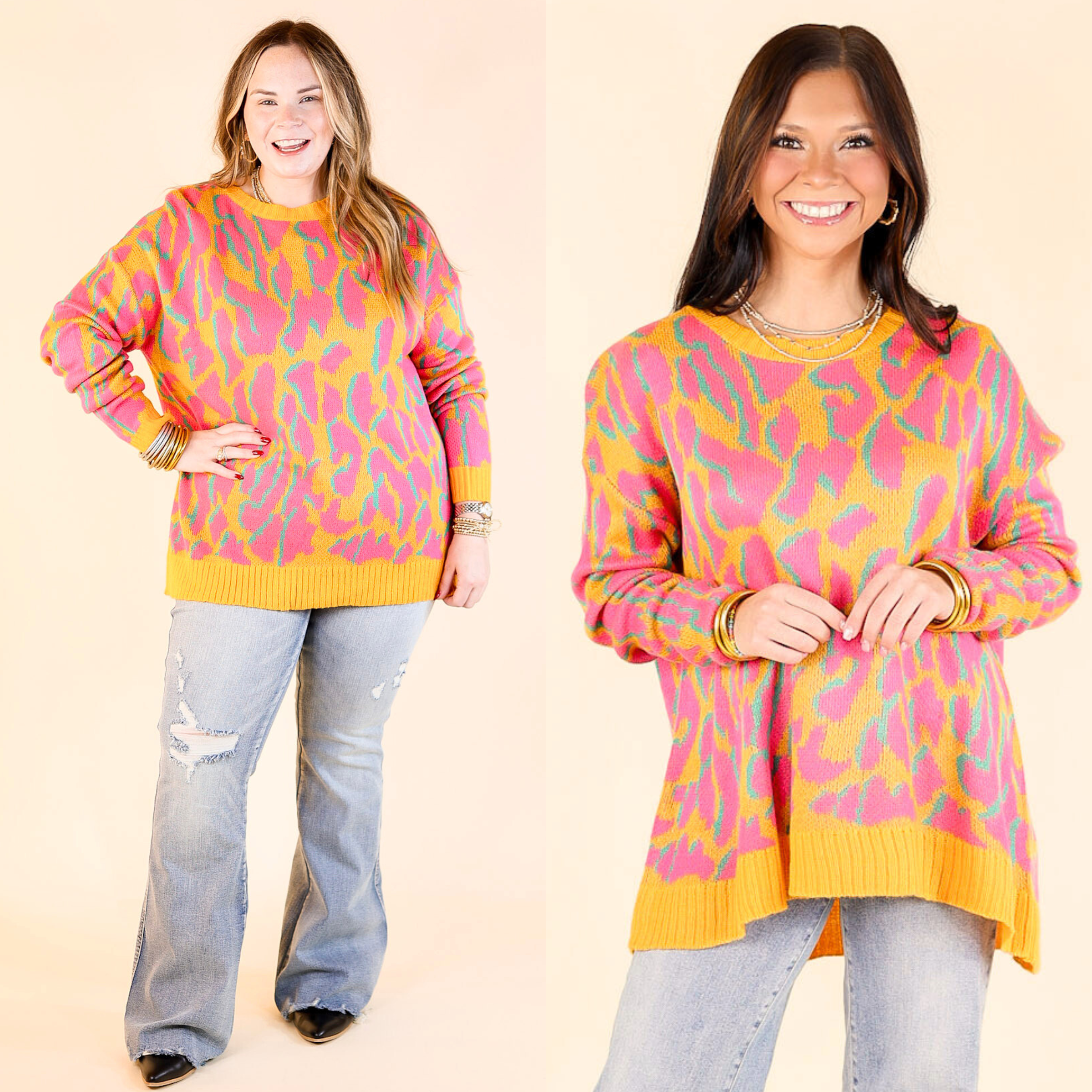 No Hesitation Animal Print Long Sleeve Sweater in Yellow and Neon Pink