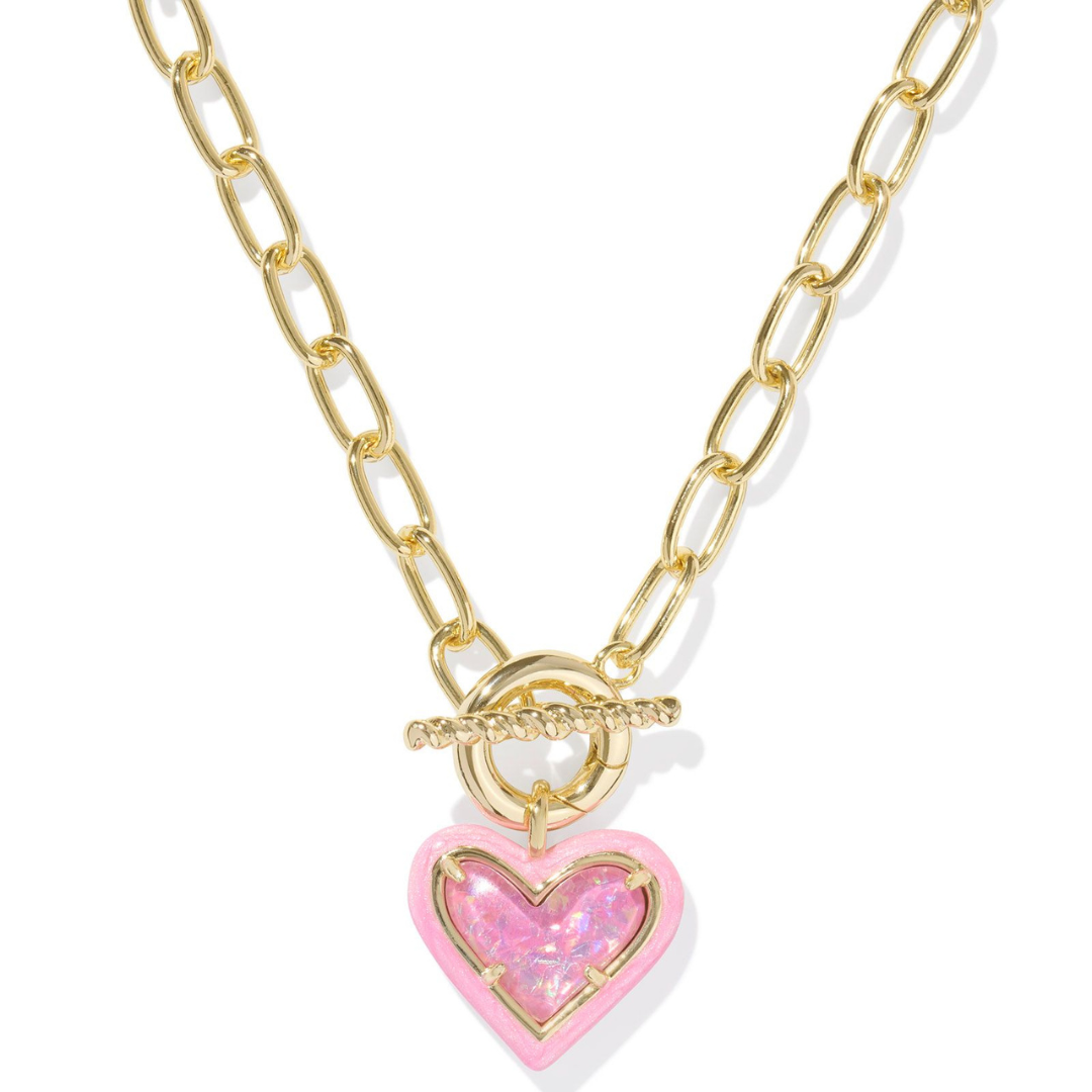 Kendra Scott | Ari Heart Gold Enamel Framed Link and Chain Necklace in Pink Iridescent Glitter Glass