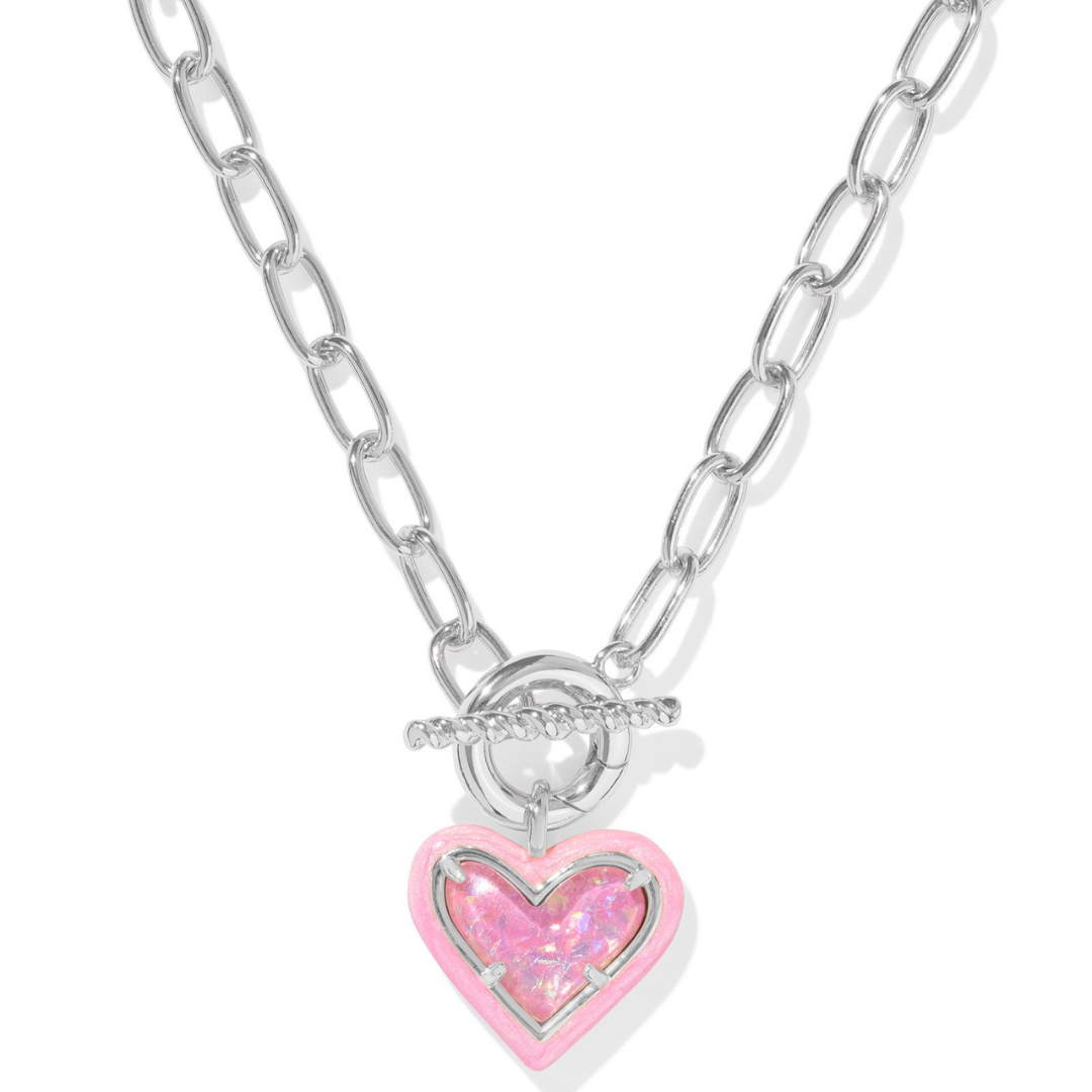 Kendra Scott | Ari Heart Silver Enamel Framed Link and Chain Necklace in Pink Iridescent Glitter Glass