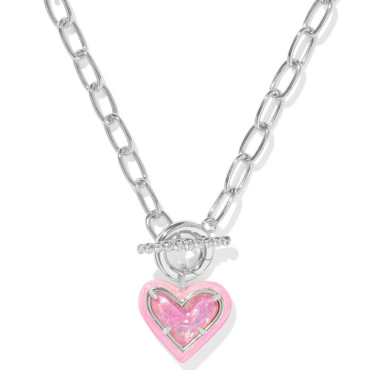Kendra Scott | Ari Heart Silver Enamel Framed Link and Chain Necklace in Pink Iridescent Glitter Glass