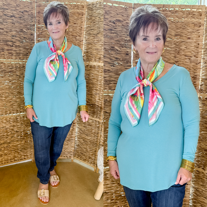 Simple V Neck Solid Long Sleeve Tee in Ash Mint