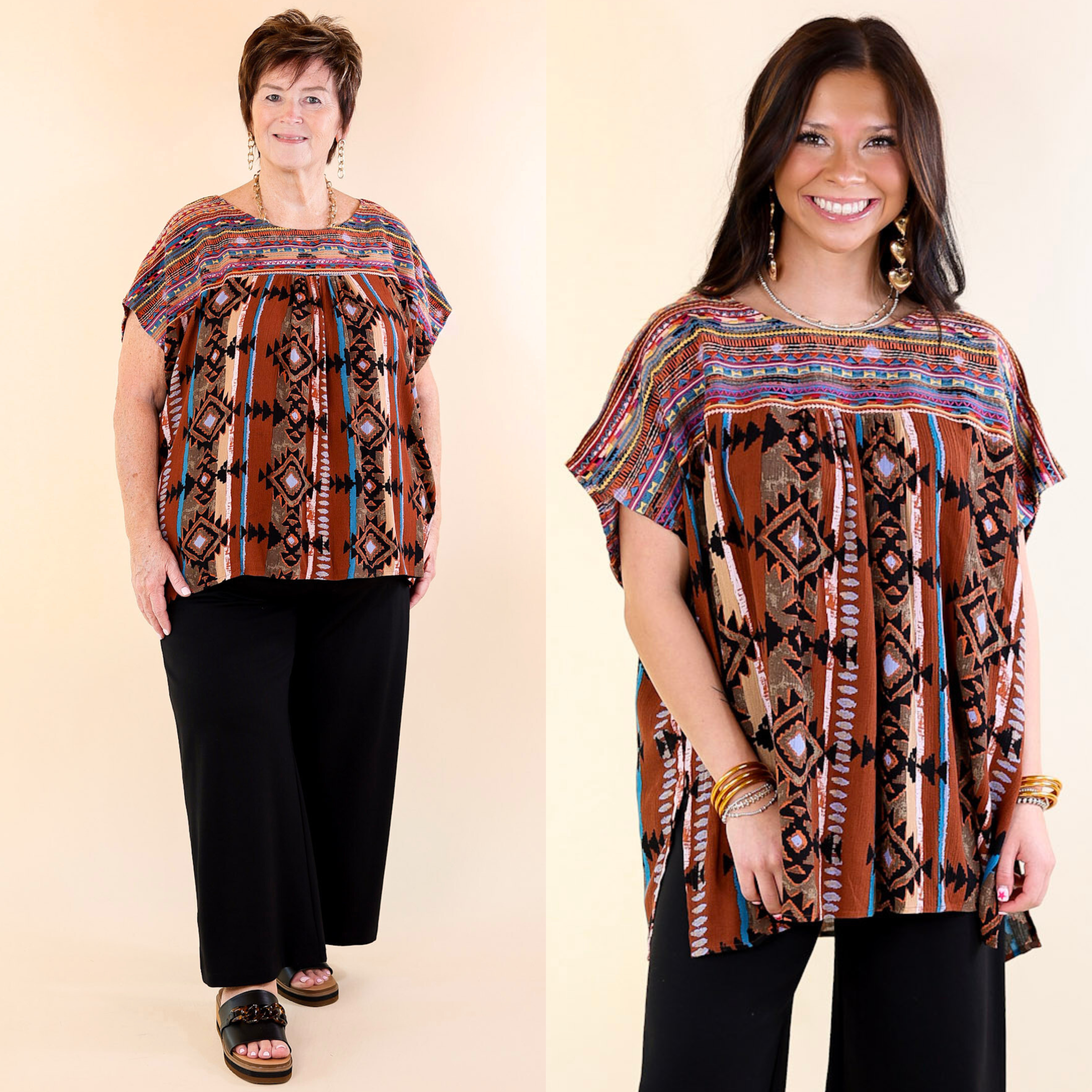 Colors Of The West Aztec Print Embroidered Cap Sleeve Top in Brown