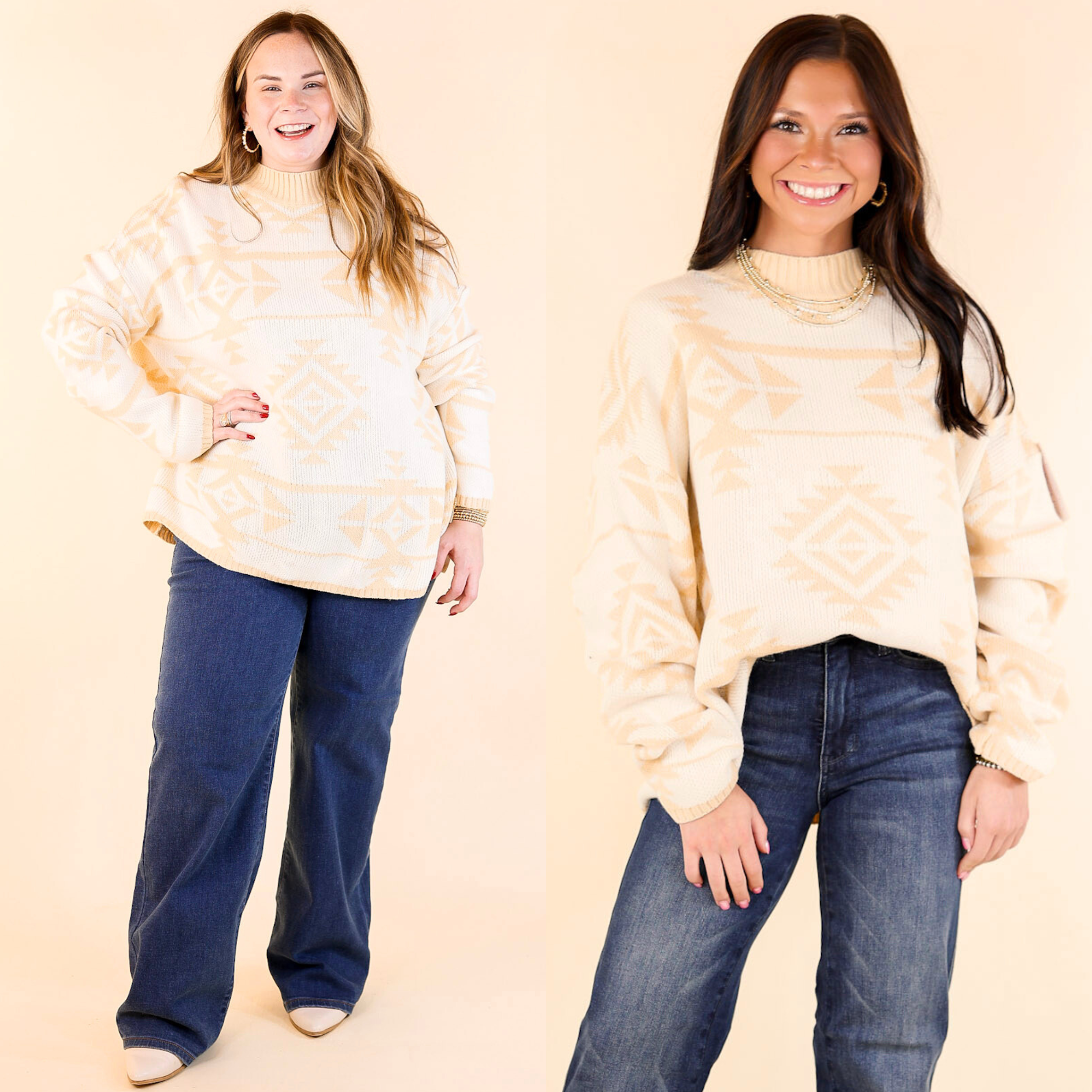 Cheyenne Chill Aztec Print Striped Sweater in Ivory and Beige