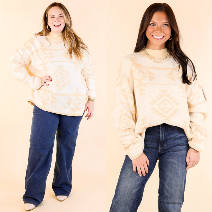Last Chance Size Large &amp; 1XL | Cheyenne Chill Aztec Print Striped Sweater in Ivory and Beige