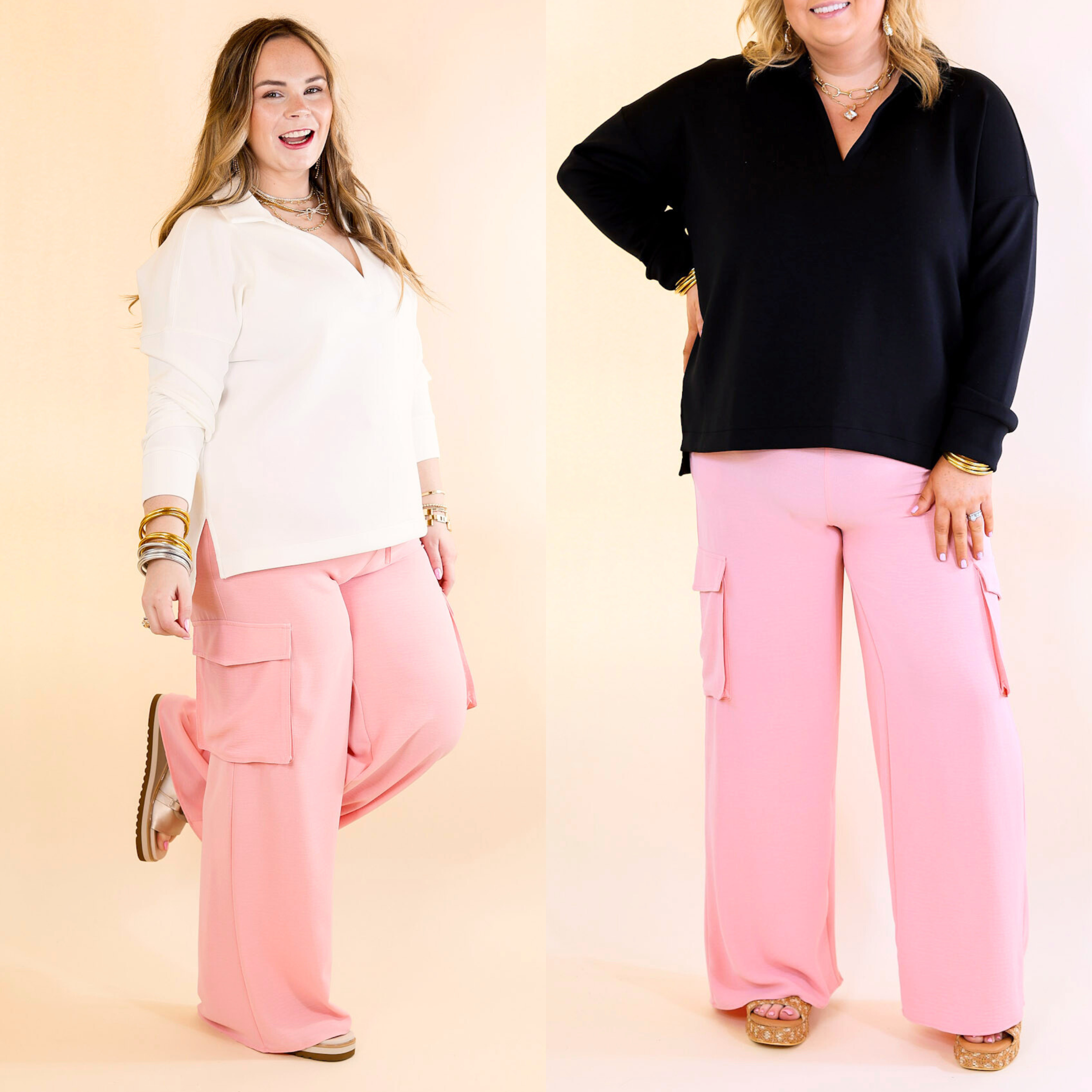 Sunday Stroll Wide Leg Cargo Pant in Baby Pink - Giddy Up Glamour Boutique