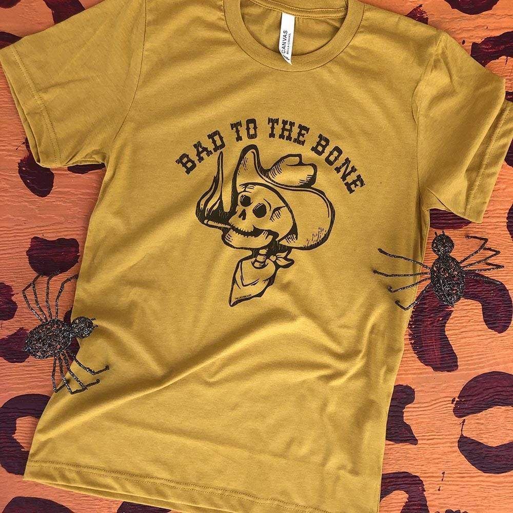 Online Exclusive | Bad to the Bone Cowboy Skull Short Sleeve Graphic Tee in Mustard Yellow - Giddy Up Glamour Boutique