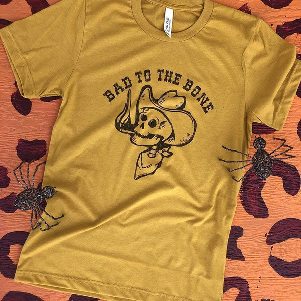 Online Exclusive | Bad to the Bone Cowboy Skull Short Sleeve Graphic Tee in Mustard Yellow