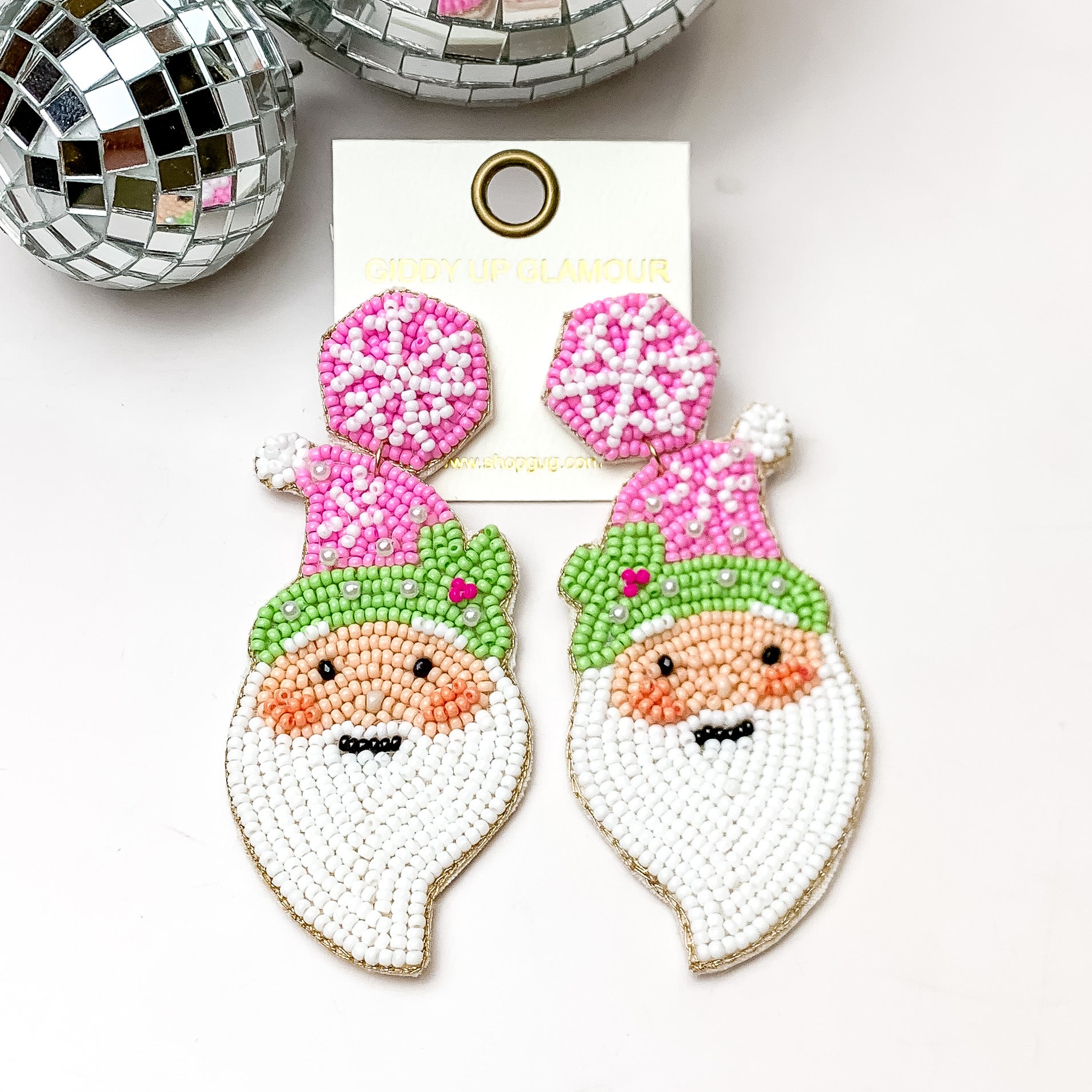 Beaded Santa Earrings with Pink and Green Santa Hat - Giddy Up Glamour Boutique