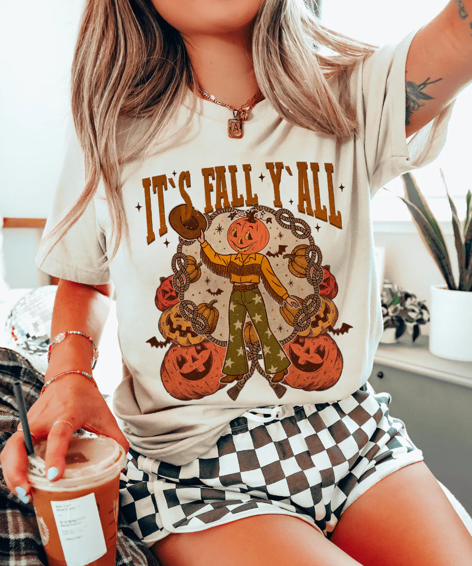 Online Exclusive | Bell Bottom Pumpkin It's Fall Y'all Graphic on Tee & Sweatshirt Option  - Cream