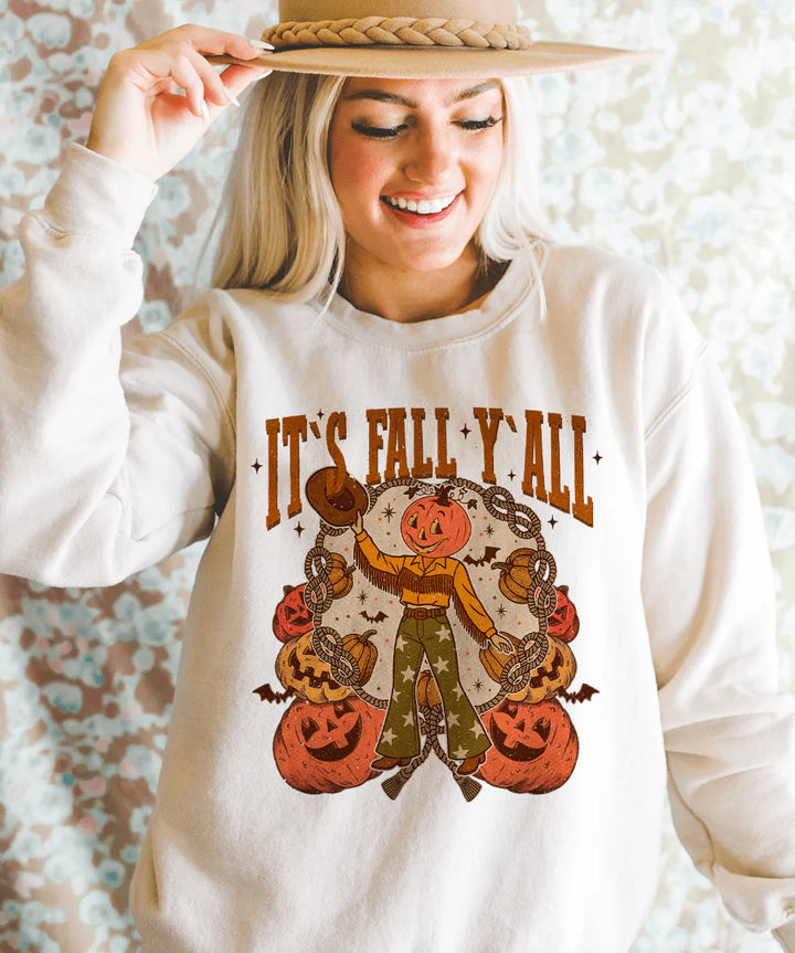 Online Exclusive | Bell Bottom Pumpkin It's Fall Y'all Graphic on Tee & Sweatshirt Option  - Cream