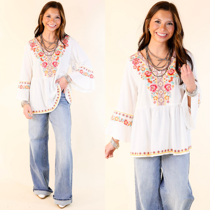 Joyous Moments 3/4 Bell Sleeve Embroidered Babydoll Top in White