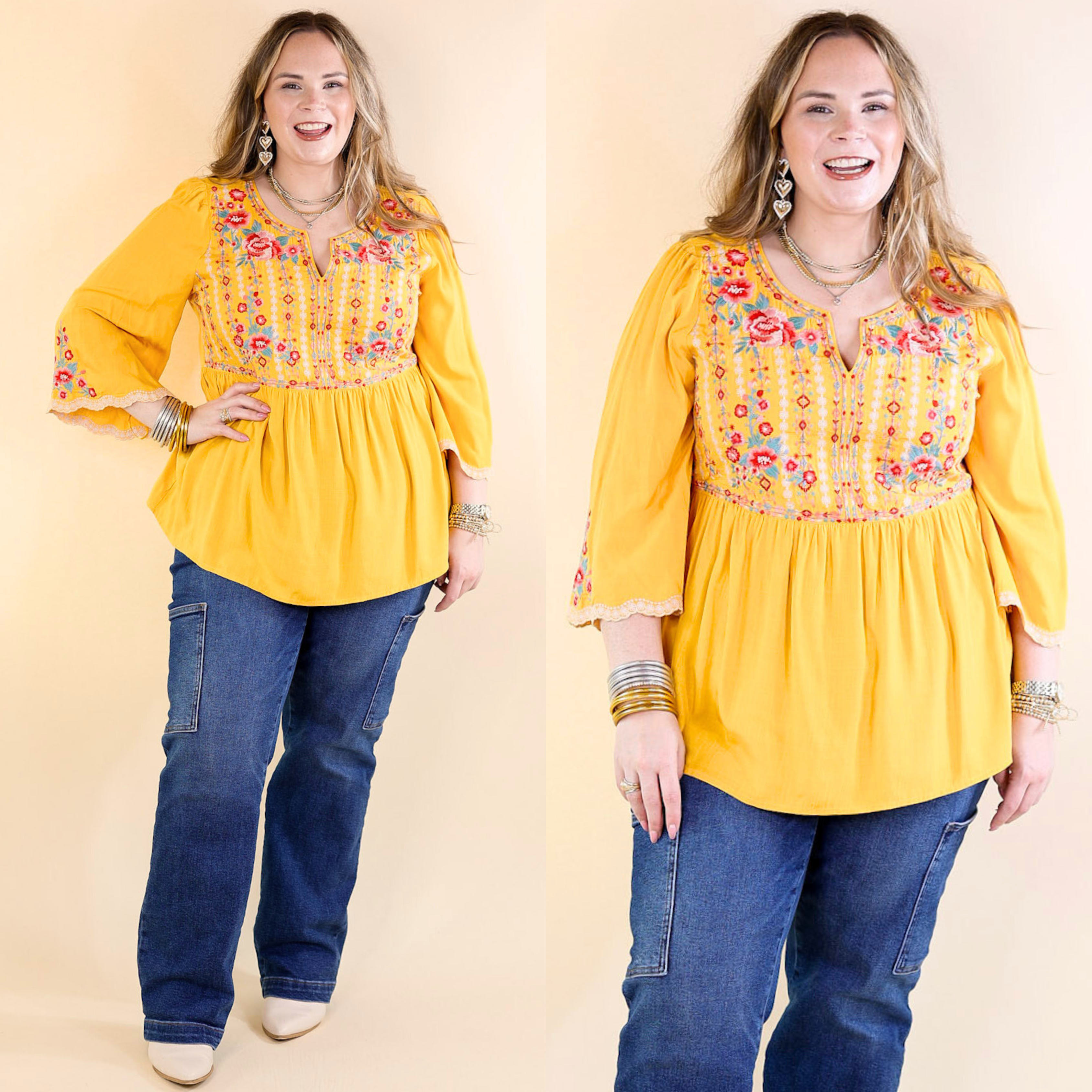 Already Mine 3/4 Bell Sleeve Embroidered Babydoll Top in Mustard Yellow