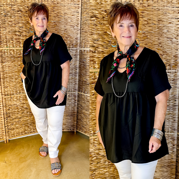 Daily Delight Short Sleeve V Neck Babydoll Top in Black