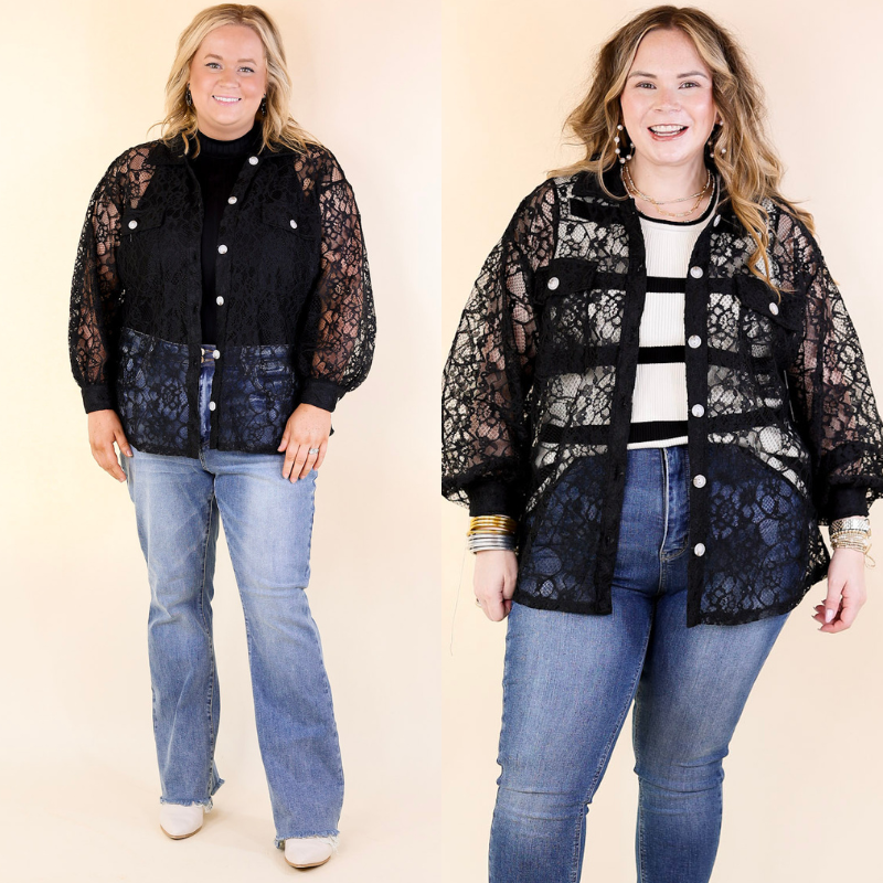 Sheer Chic Collared Button Up Lace Top in Black