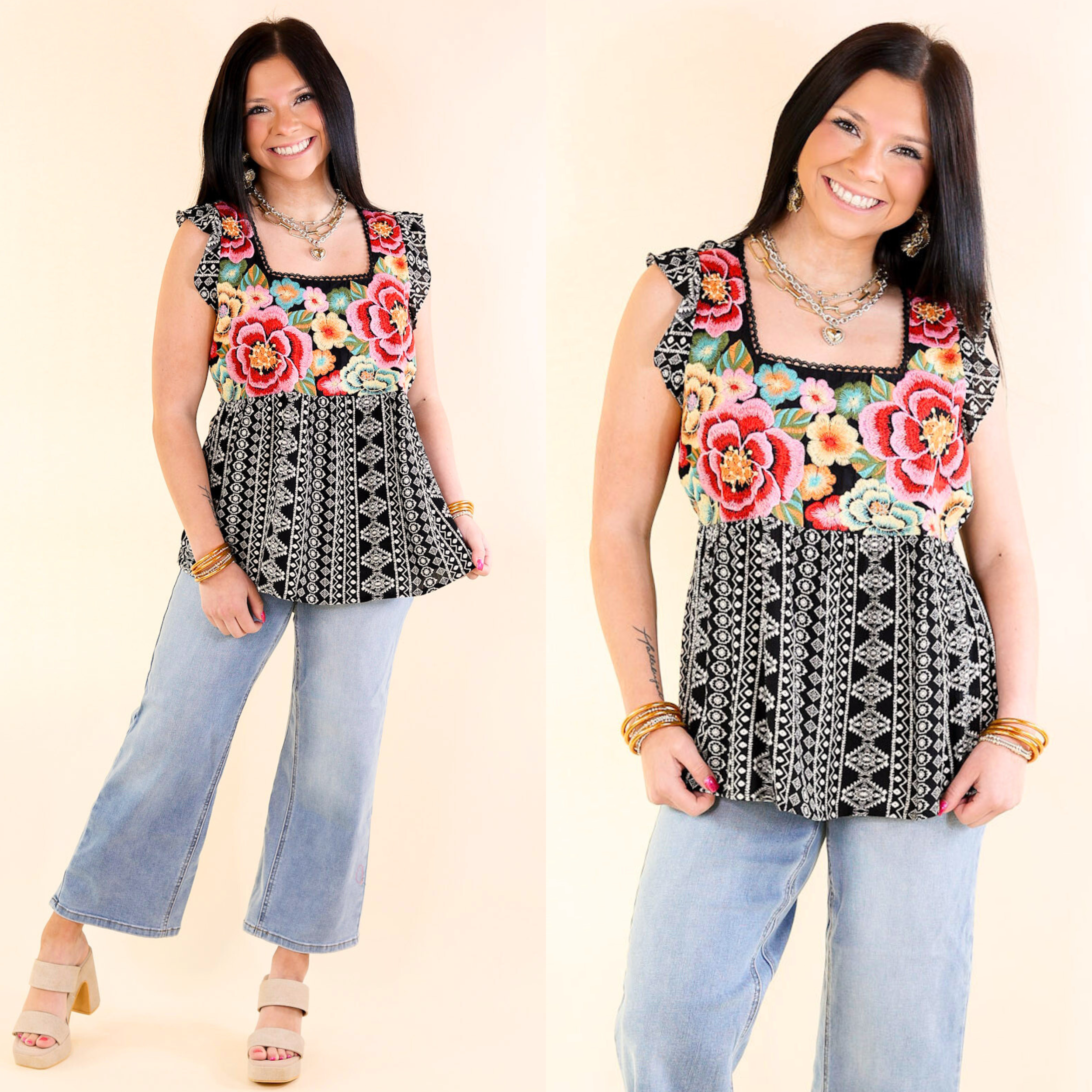 For A Season Floral Embroidered Tribal Print Tank Top in Black