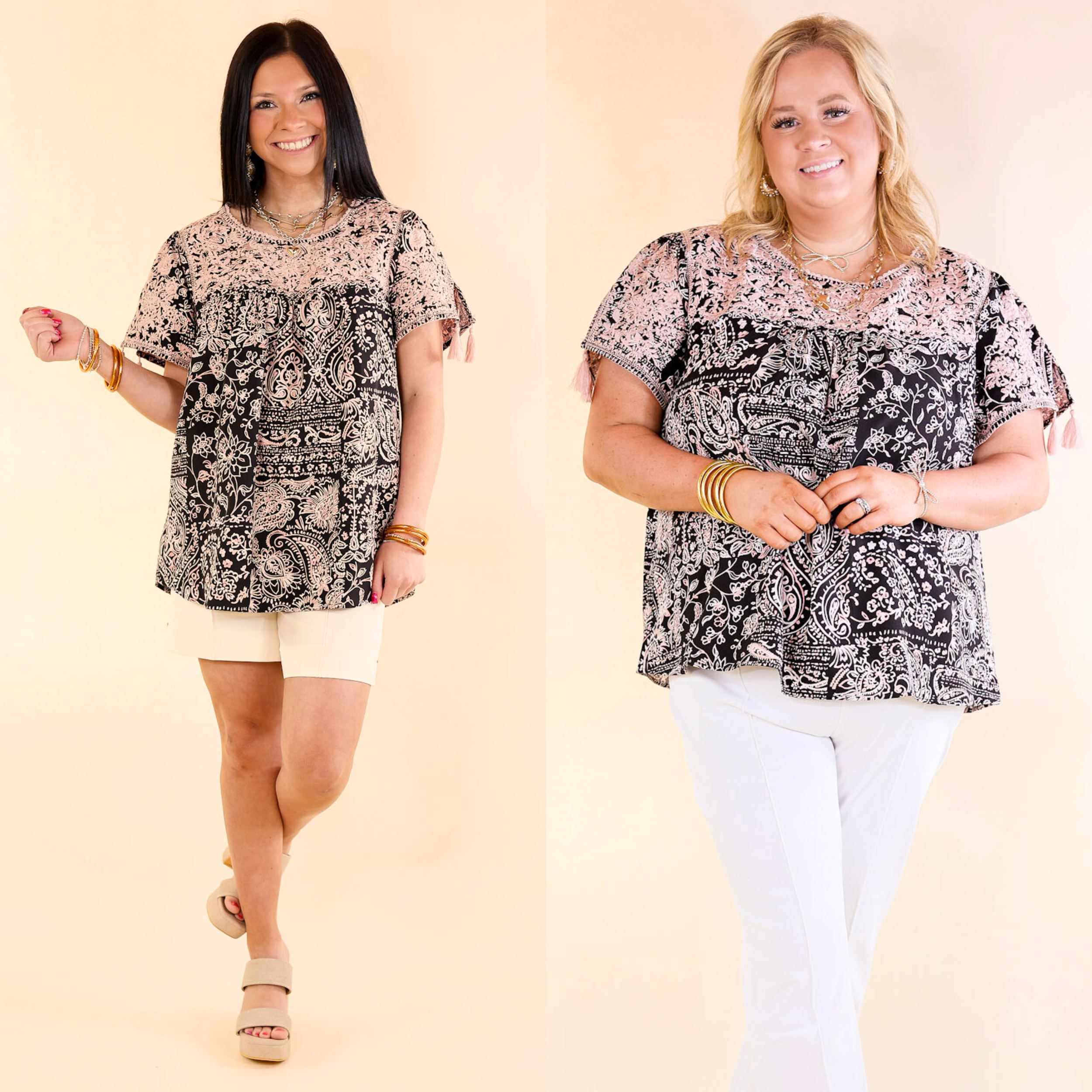 Sweet And Charming Paisley and Floral Print Top with Light Pink Floral Embroidery in Black