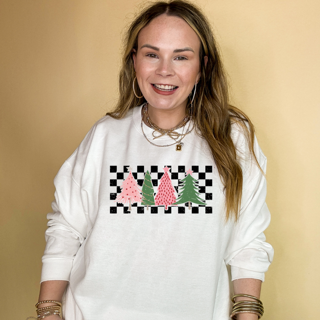 Online Exclusive | Holiday Trees on Checkered Background Graphic Sweatshirt in Multiple Color Options