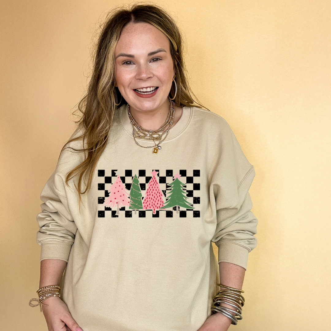 Online Exclusive | Holiday Trees on Checkered Background Graphic Sweatshirt in Multiple Color Options