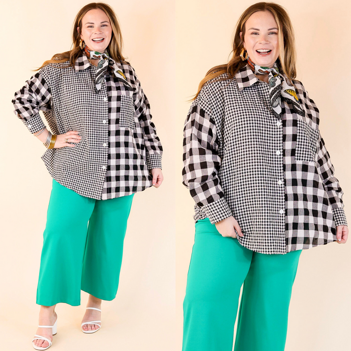 Waiting For You Mix Plaid Button Up Top in Black