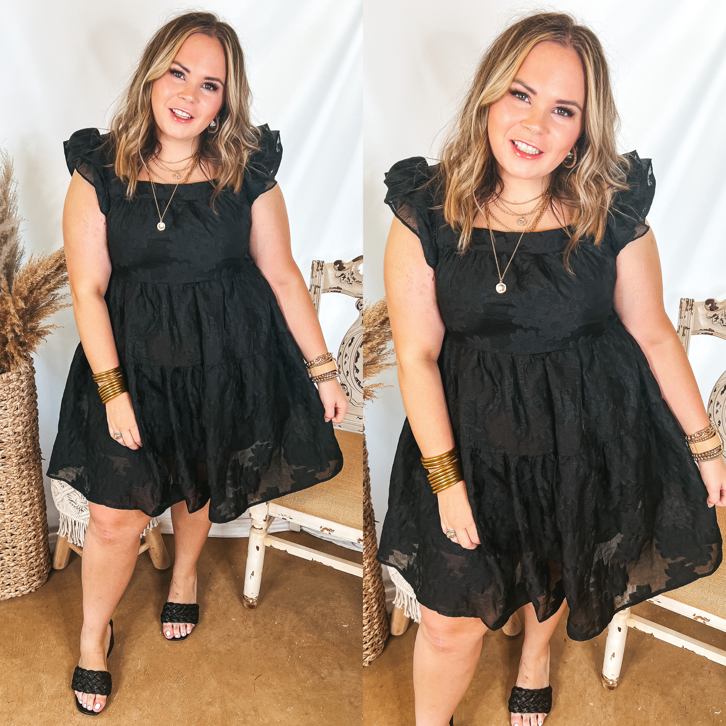 Sweet On Me Floral Embossed Dress with Ruffle Cap Sleeves in Black - Giddy Up Glamour Boutique