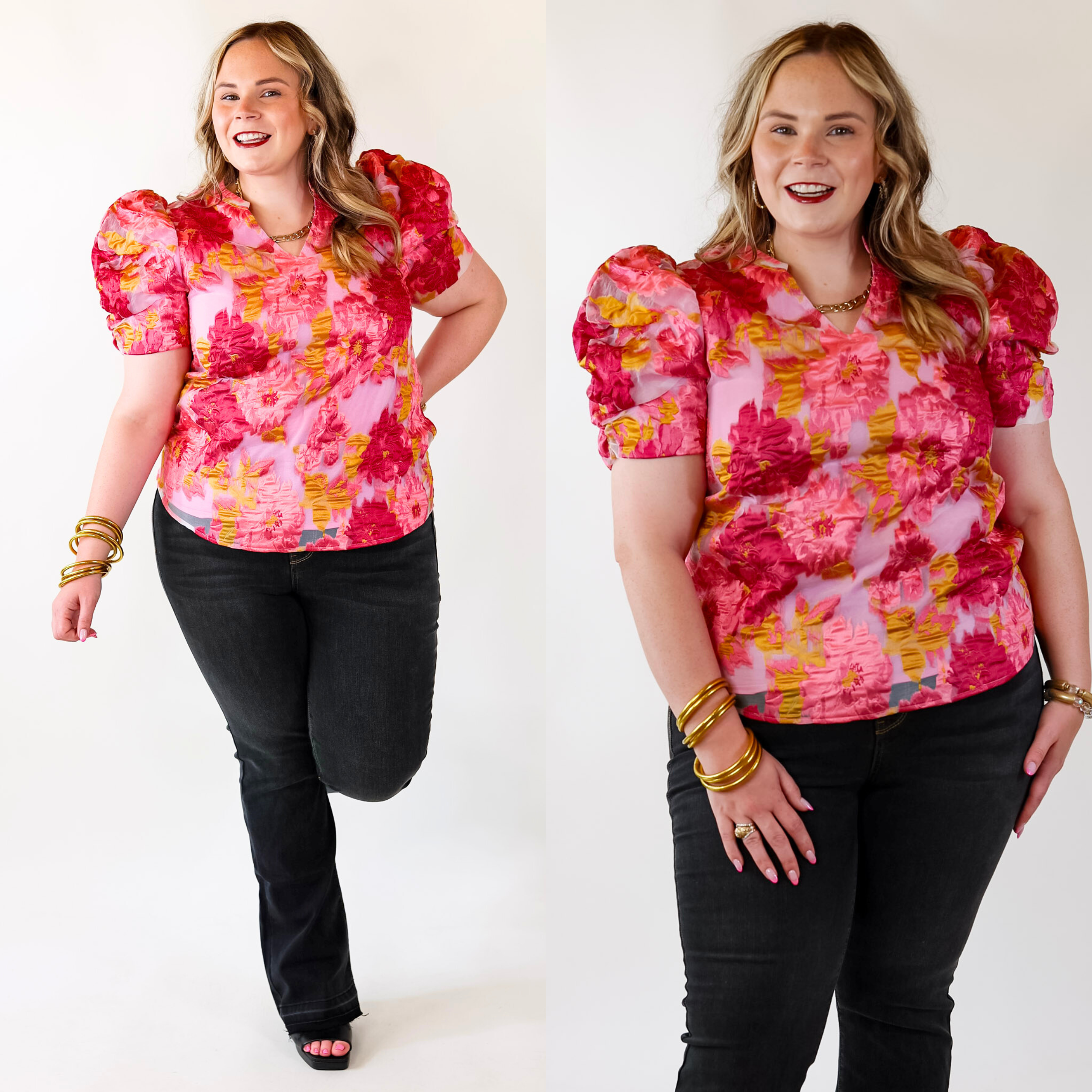 A Fine Feeling Floral Print Top with Puffed Sleeves in Pink - Giddy Up Glamour Boutique