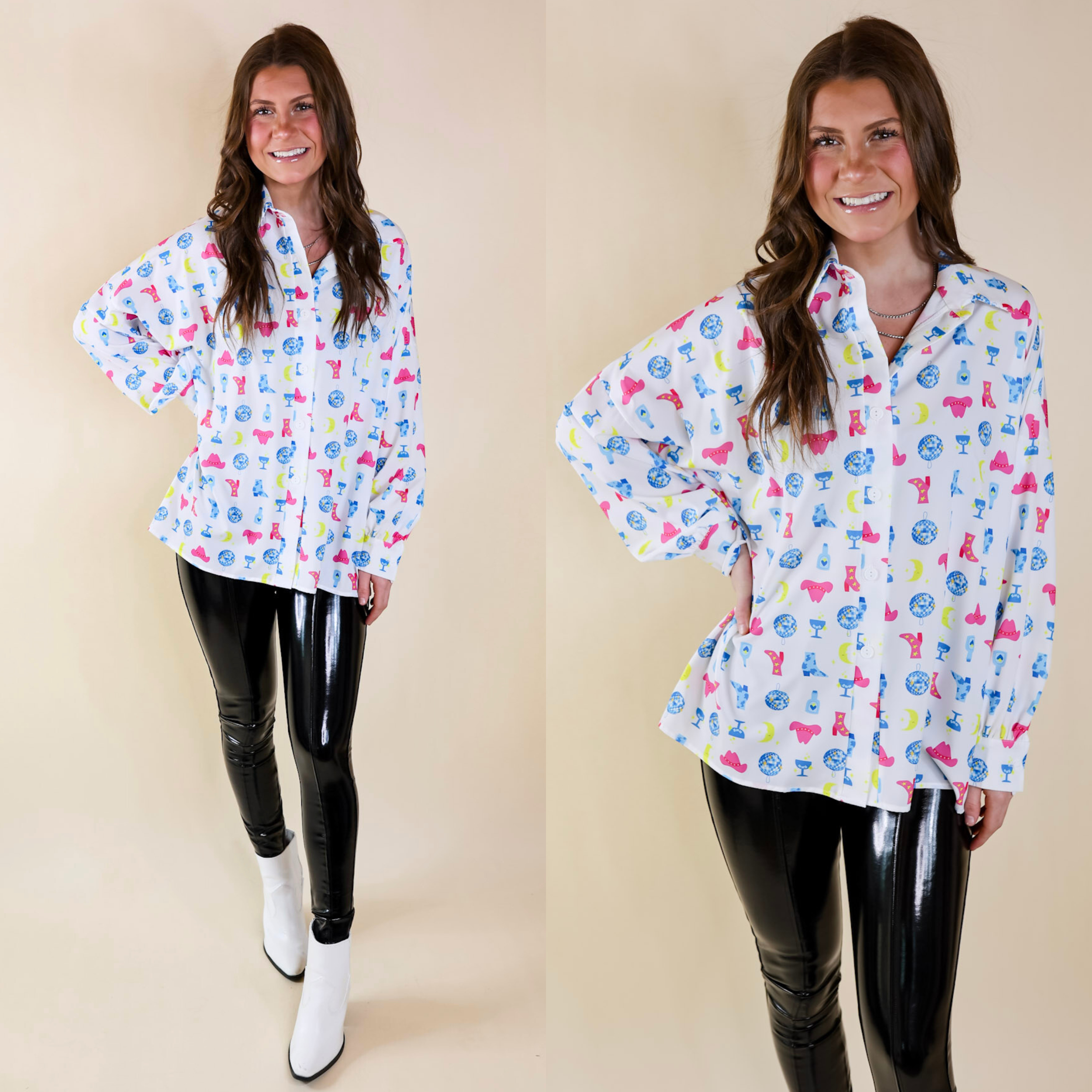 The Cowgirl Way Button Up Disco Cowboy Print Top in White - Giddy Up Glamour Boutique