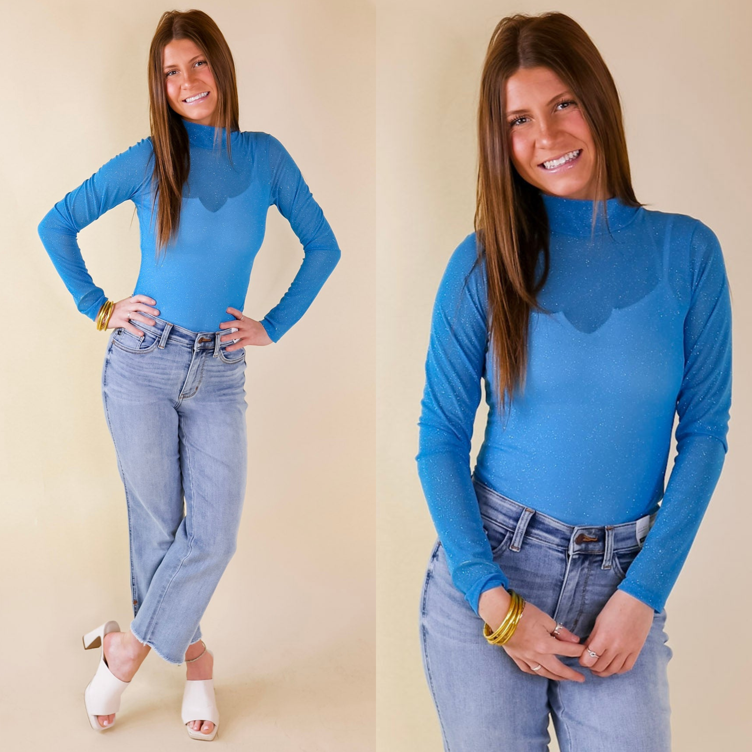 Try Your Luck Glitter Mesh Long Sleeve Bodysuit in Blue - Giddy Up Glamour Boutique