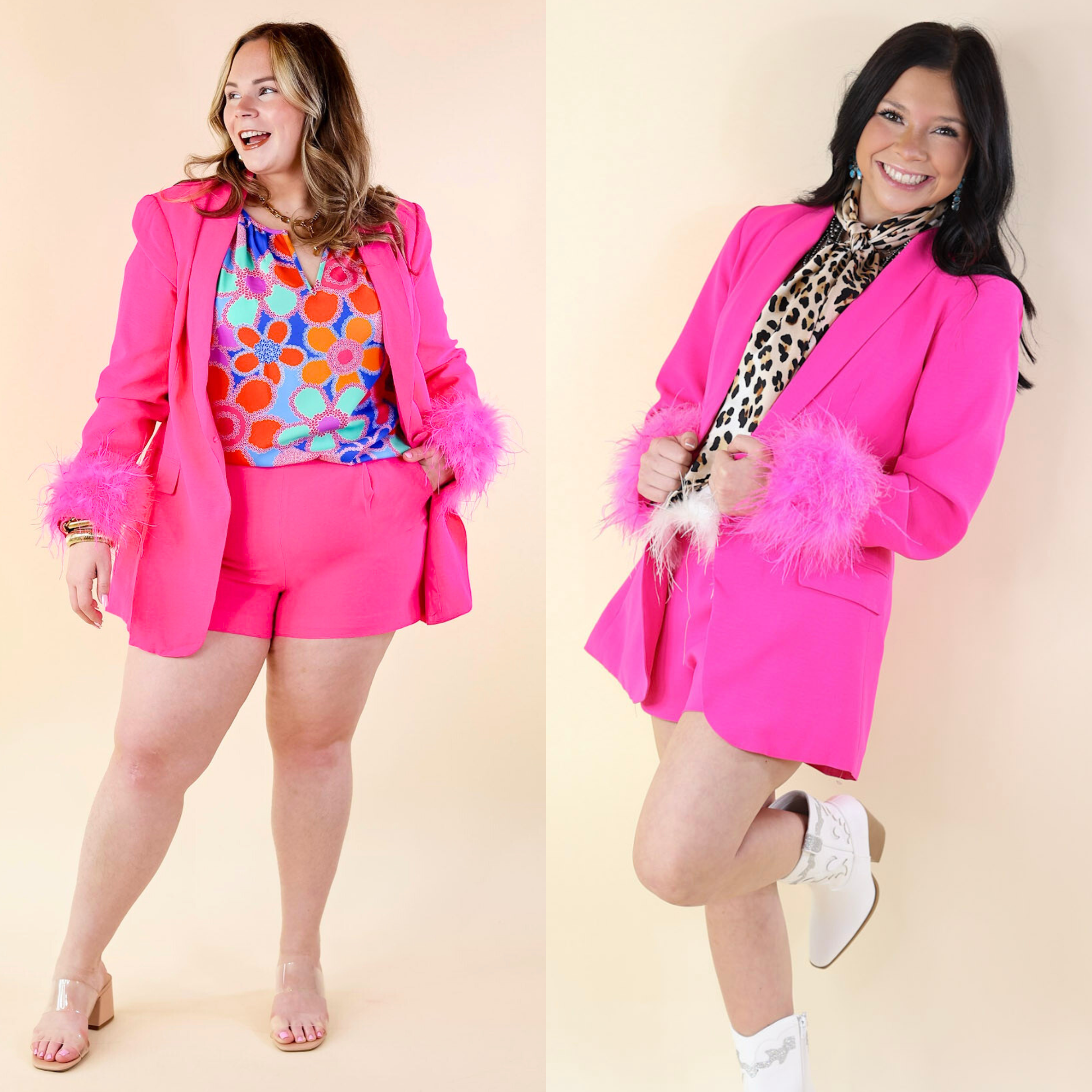 BuddyLove | Elle Feather Trim Blazer in Azalea (Hot Pink) - Giddy Up Glamour Boutique