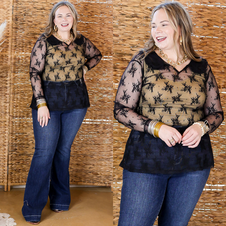 Pretty and Poised Floral Print Lace Top with Ruffle Collar in Black