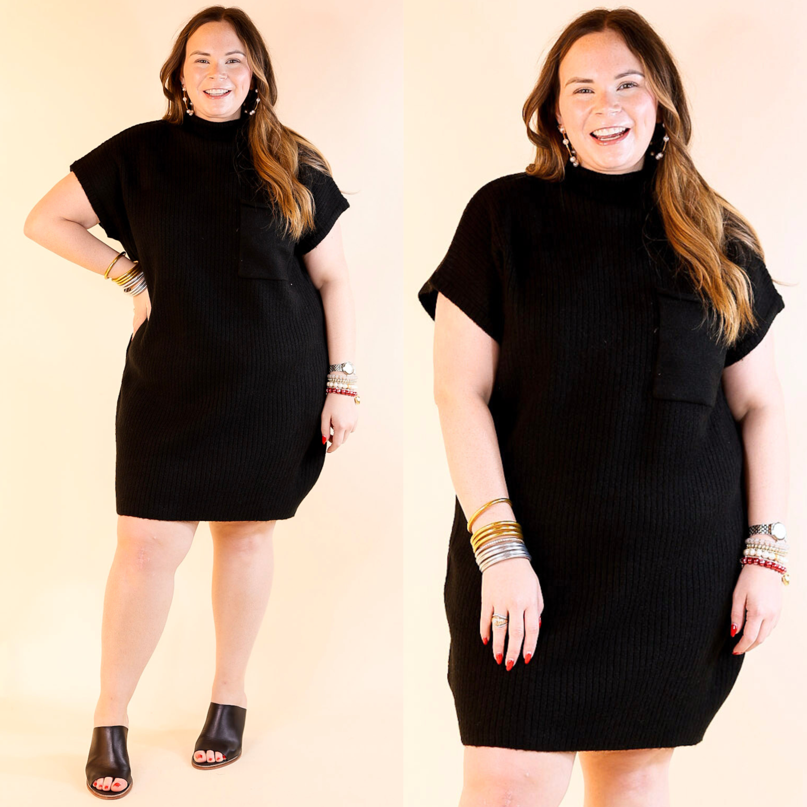 Effortless Charm Cap Sleeve Sweater Dress in Black