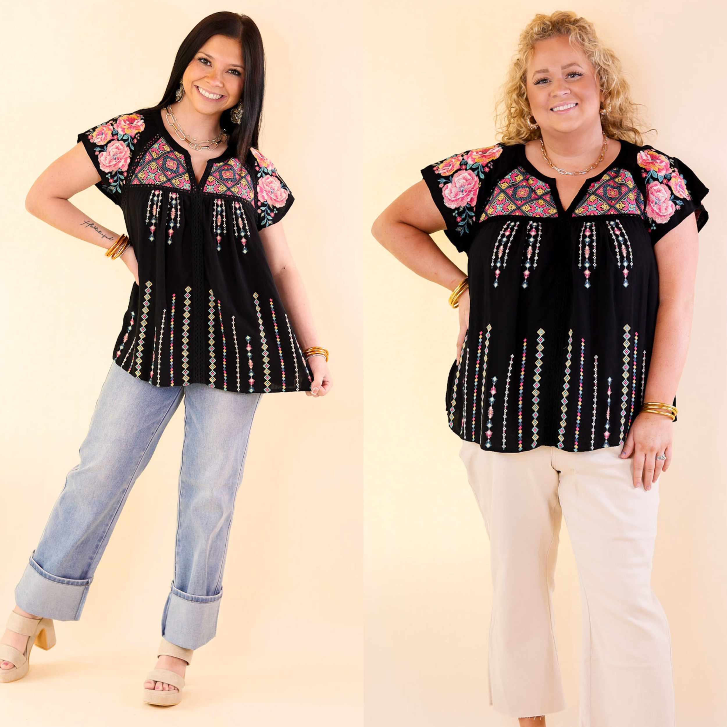 On A Journey Floral Embroidered V Notched Blouse in Black - Giddy Up Glamour Boutique