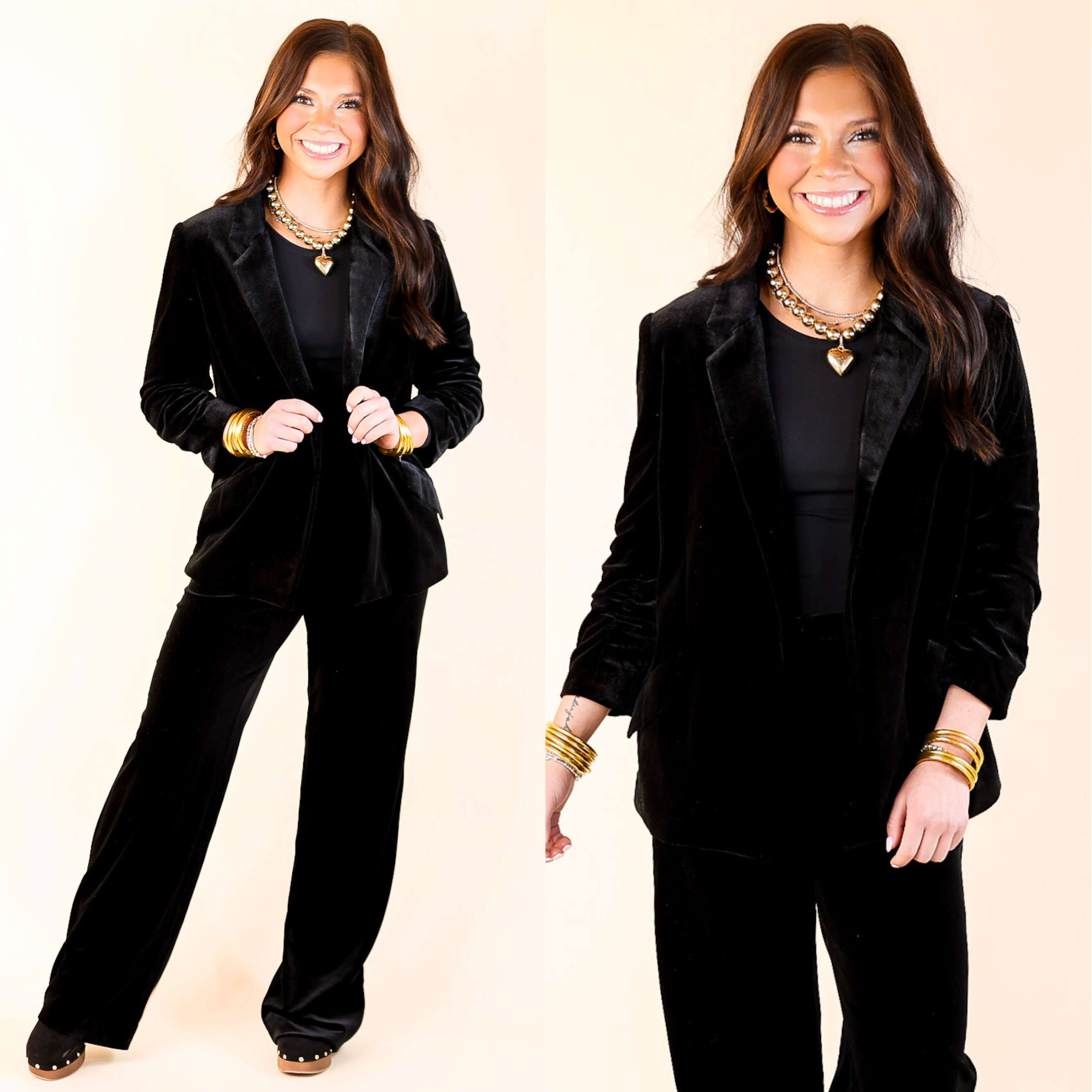 Chic Arrival 3/4 Sleeve Velvet Blazer in Black