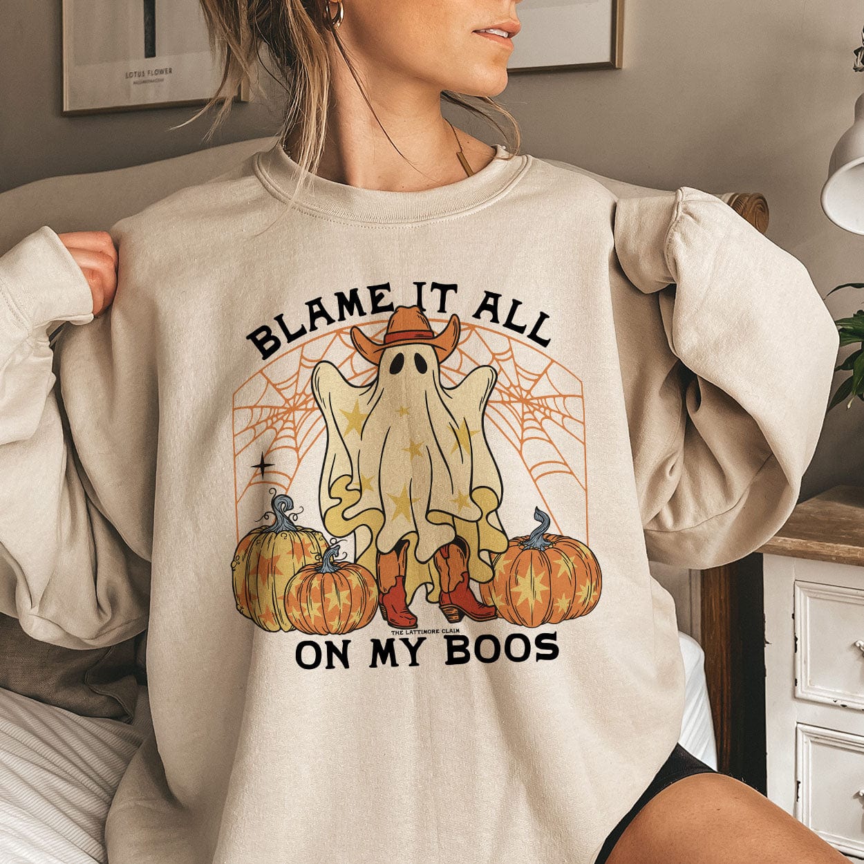 Online Exclusive | Blame It All On My Boos Long Sleeve Graphic Sweatshirt in Cream - Giddy Up Glamour Boutique