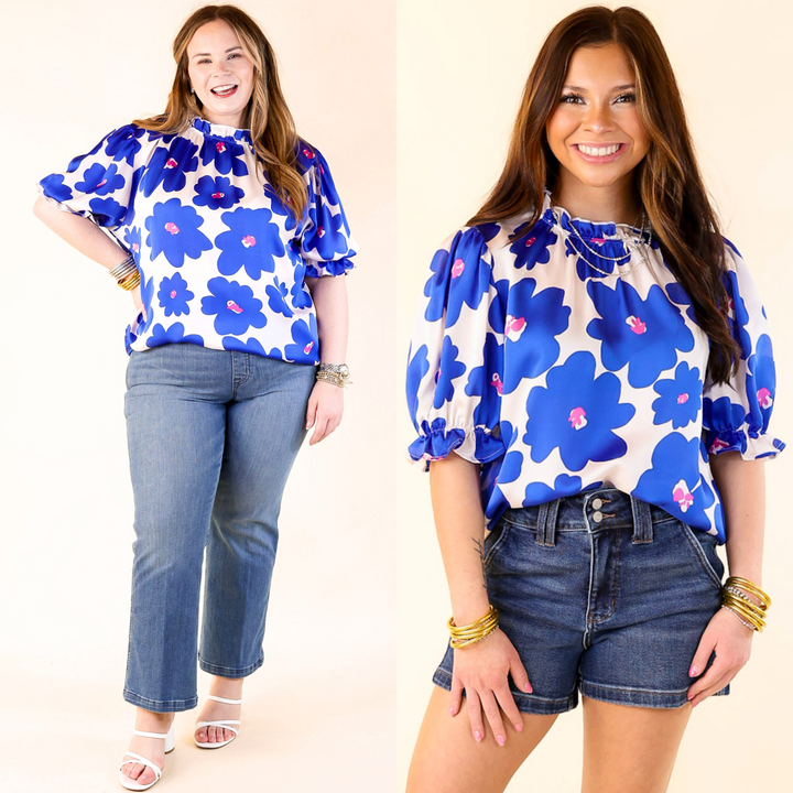 Divine Design Floral Blouse With Puffed Sleeve and Ruffle Neckline in Cobalt Blue