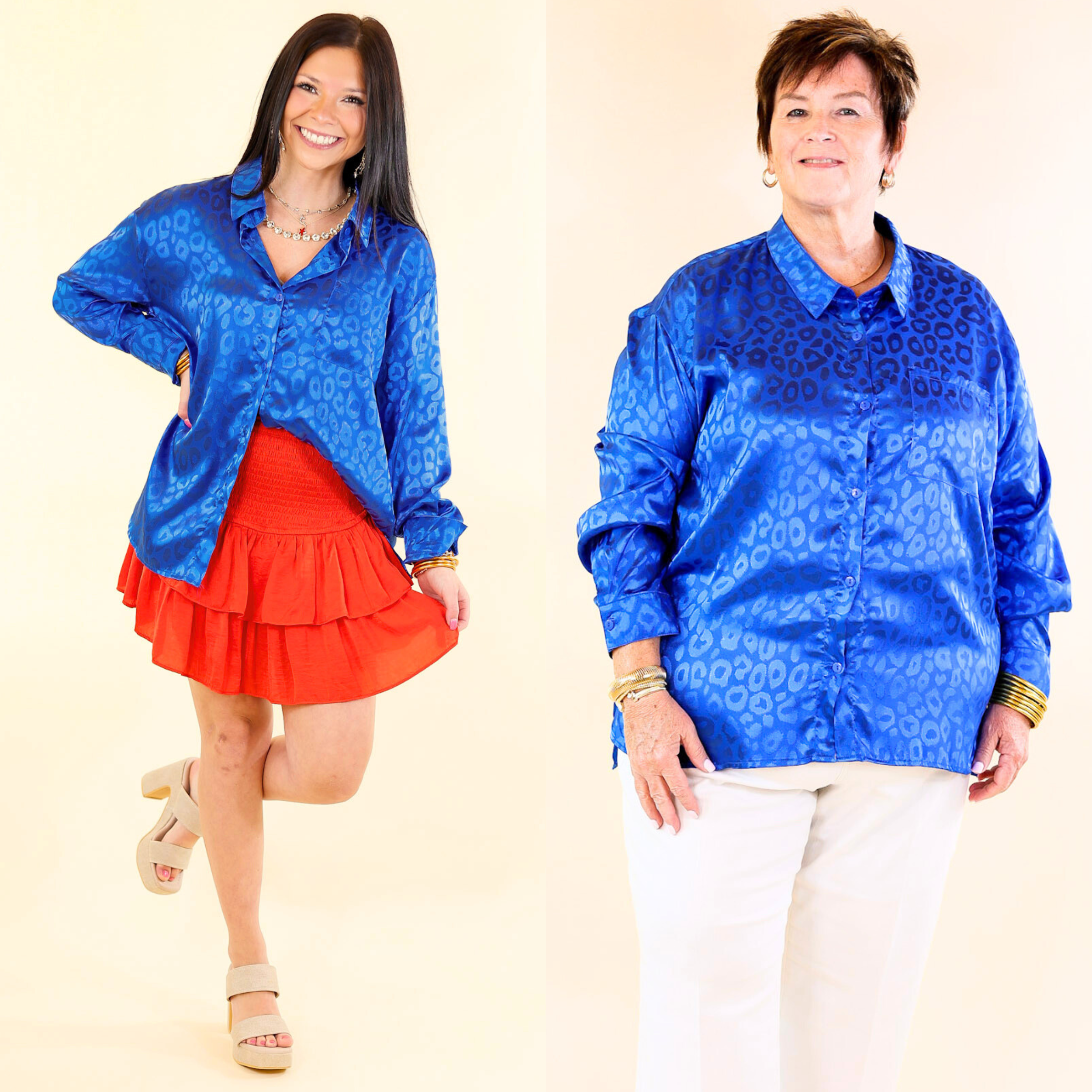 Top It Off Long Sleeve Button Up Satin Leopard Top in Blue