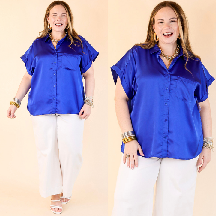Free To Be Fab Button Up Short Sleeve Top in Royal Blue
