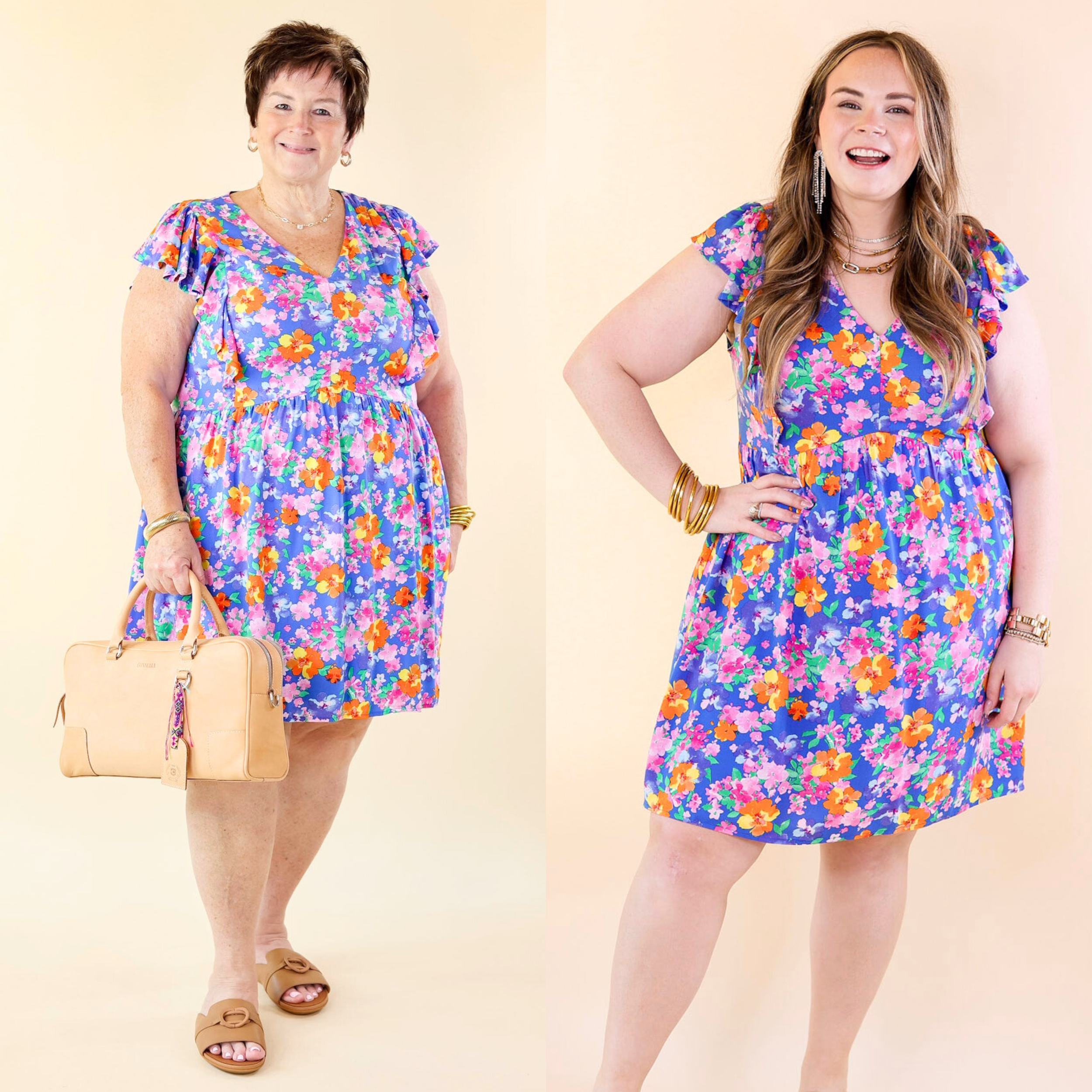 Sunshine On My Mind Floral Ruffle Cap Sleeve Dress in Blue - Giddy Up Glamour Boutique