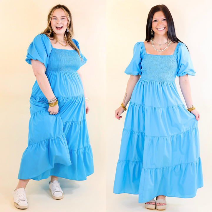 Santorini Sunshine Short Balloon Sleeve Maxi Dress in Blue