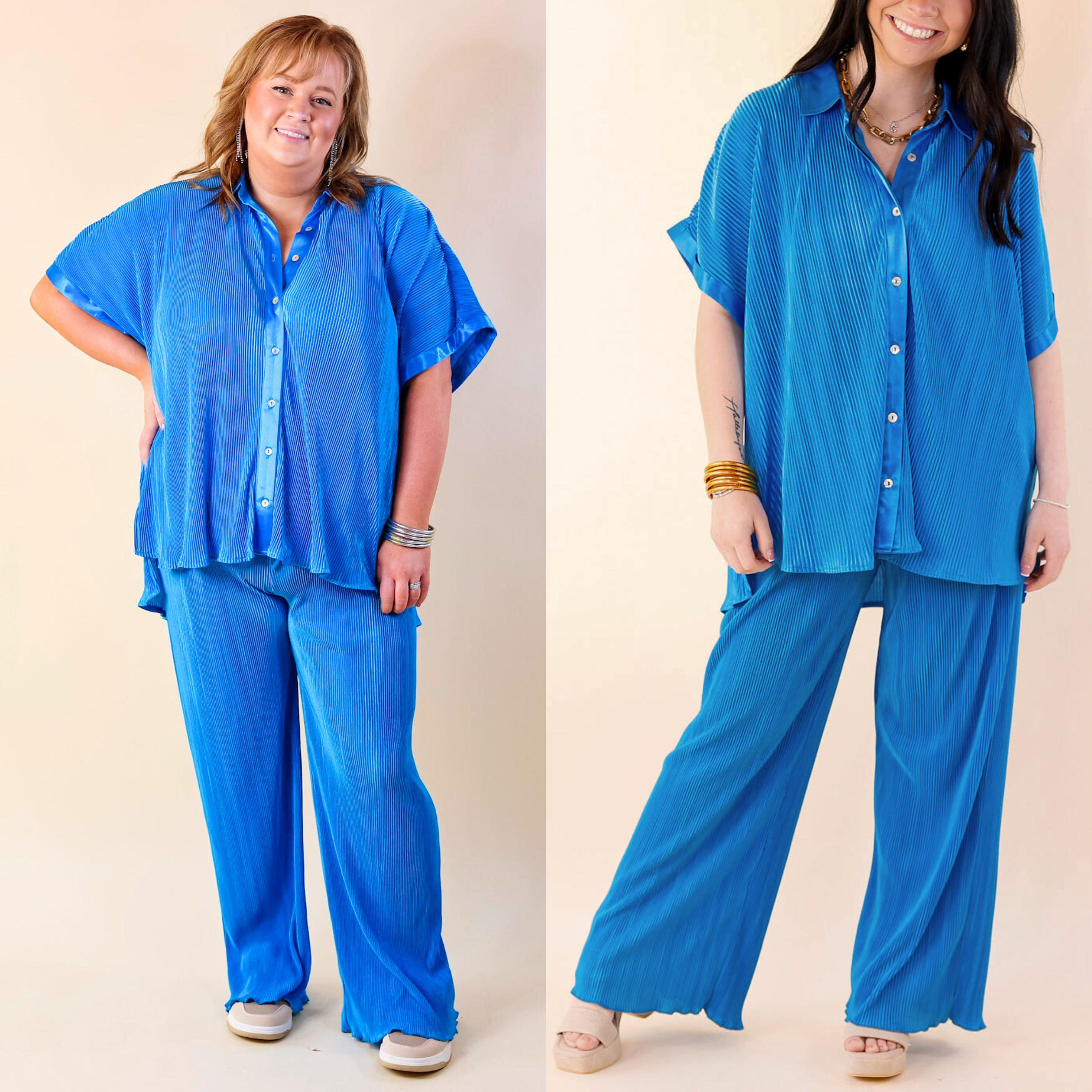 Walking In Paradise Plissé Drawstring Pants in Blue - Giddy Up Glamour Boutique