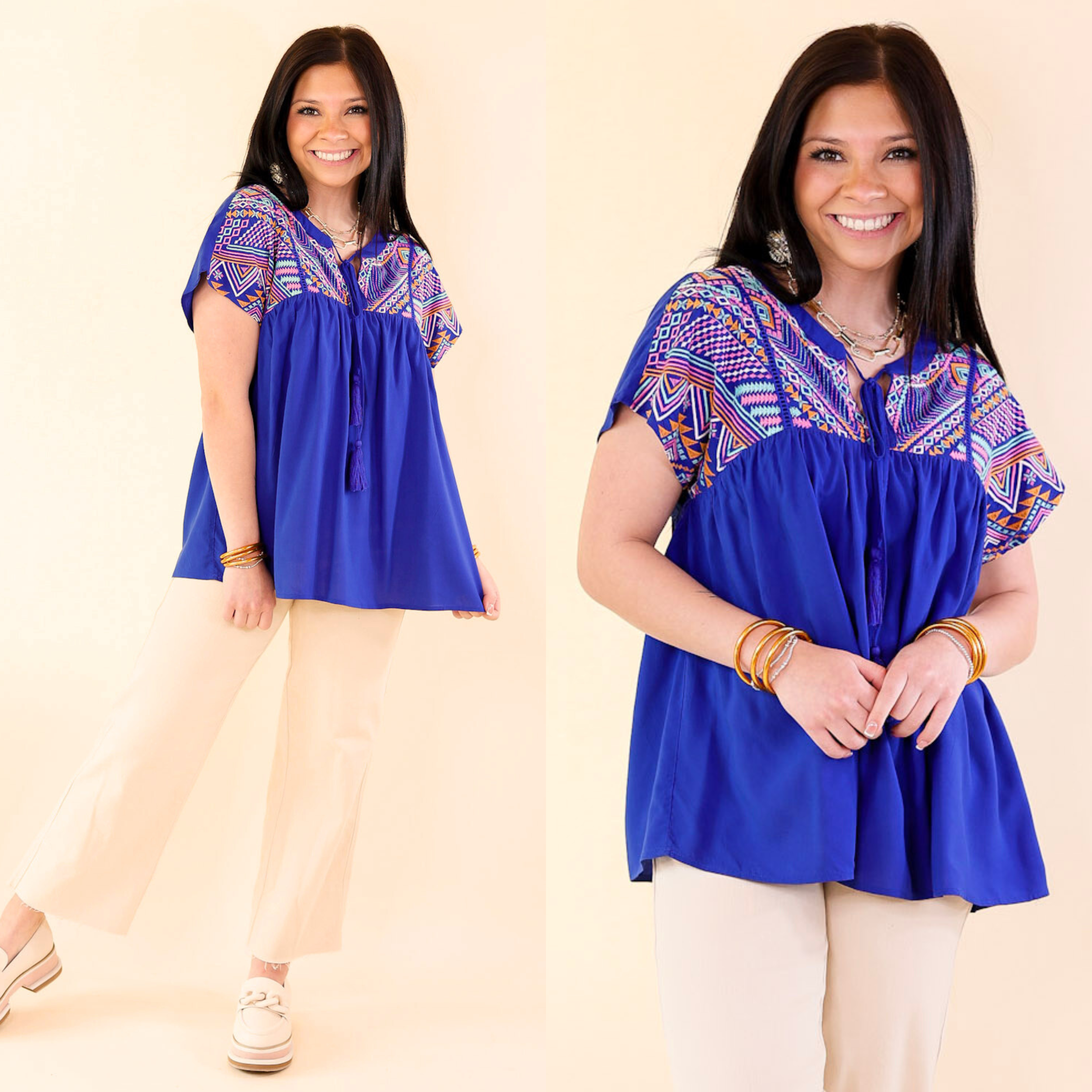 Forgotten Paradise Embroidered Top with Front Tie in Royal Blue - Giddy Up Glamour Boutique