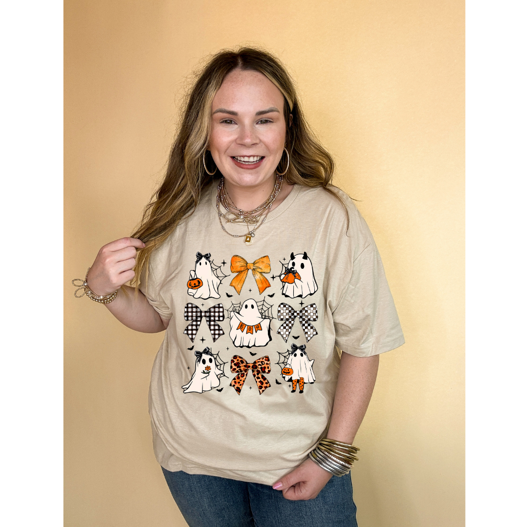 Online Exclusive | Boo-tiful Bow Icon and Trick Or Treating Ghost Graphic Tee in Multiple Color Options