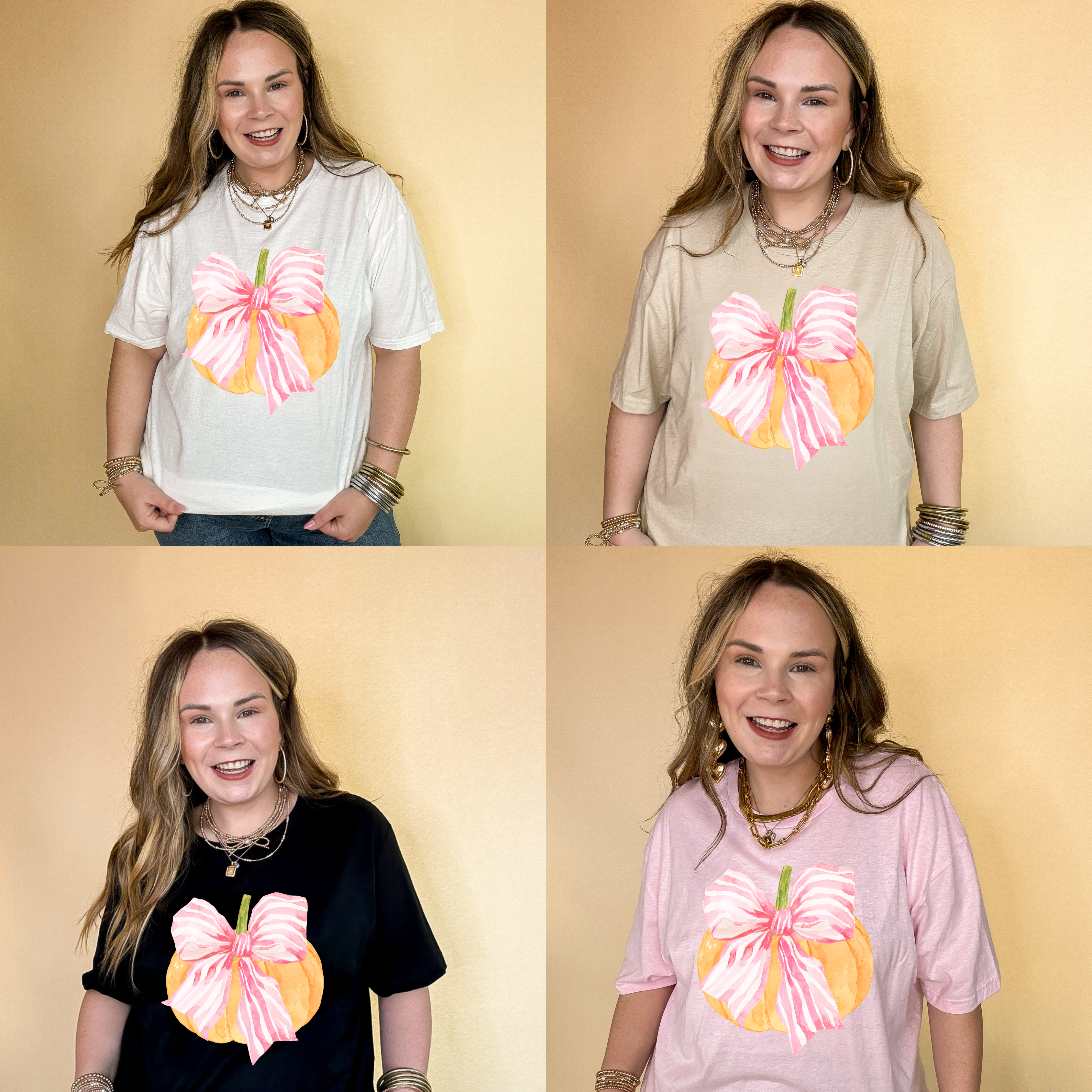 Online Exclusive |  Bow-tastic Orange Pumpkin with Giant Pink Bow Graphic Tee in Multiple Color Options