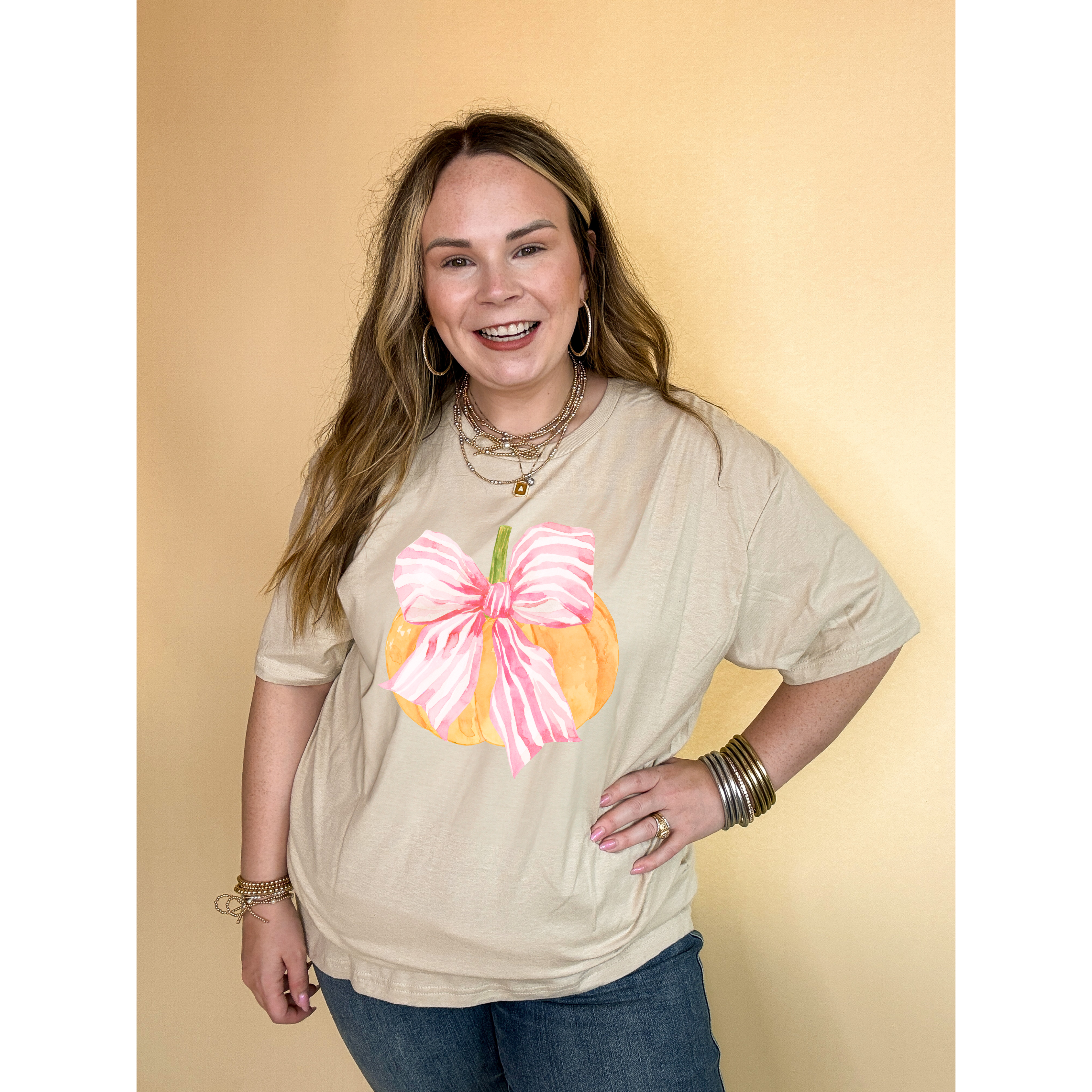 Online Exclusive |  Bow-tastic Orange Pumpkin with Giant Pink Bow Graphic Tee in Multiple Color Options