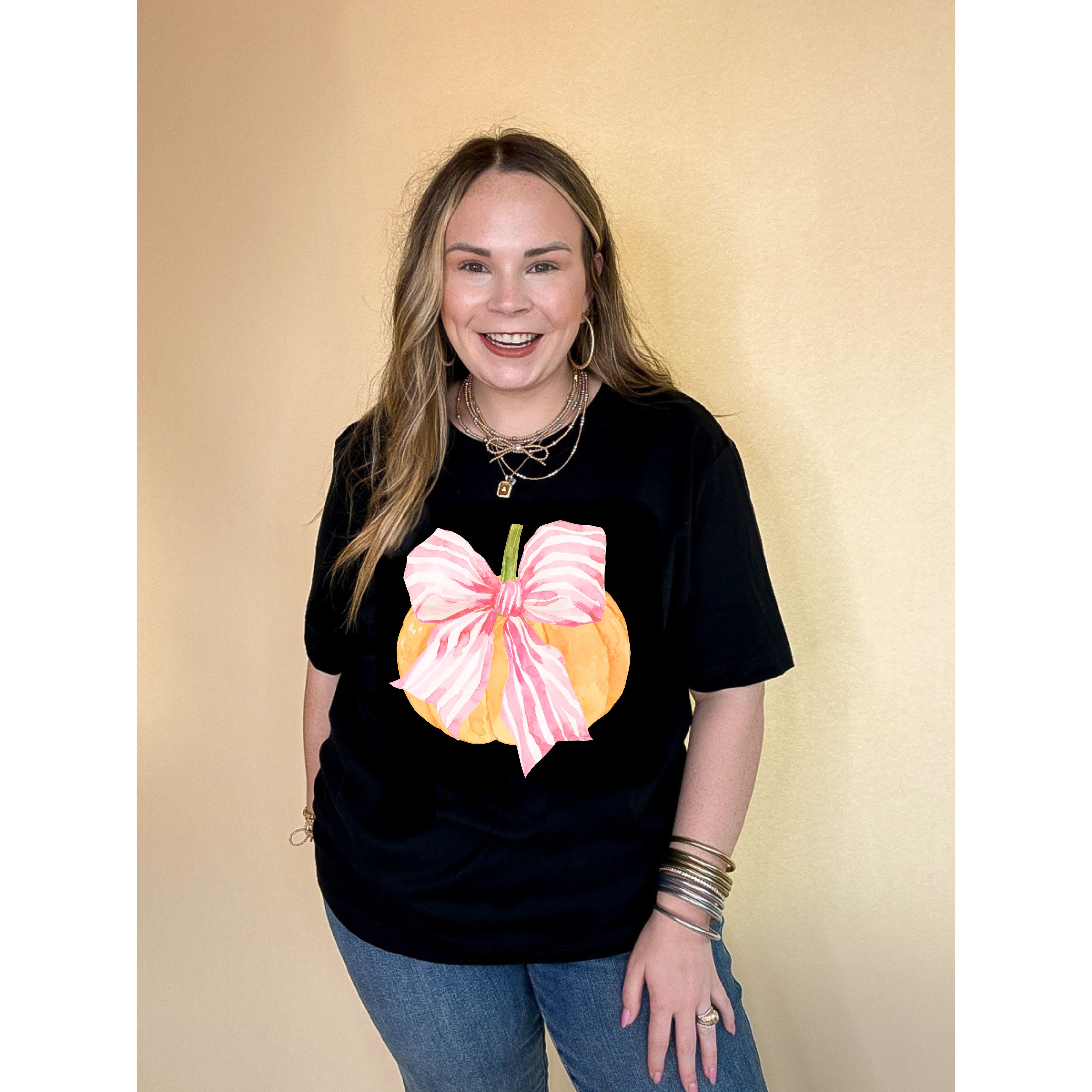 Online Exclusive |  Bow-tastic Orange Pumpkin with Giant Pink Bow Graphic Tee in Multiple Color Options